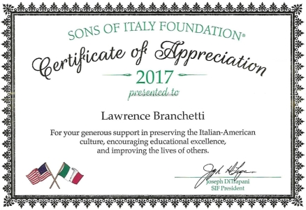 Sons of Italy Certificate of Appreciation